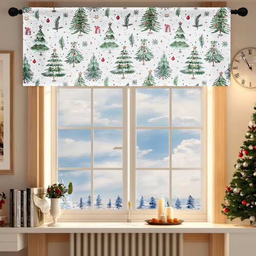 Christmas Kitchen Curtain Valance White Green Snowman Tree 1