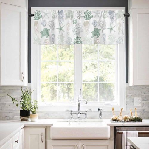 Green Coastal Kitchen Curtains and Valances Set with Rod 2