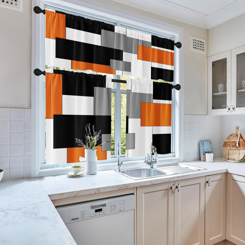 Kitchen Curtains Orange Grey Abstract Design 36 Inch Rod 2