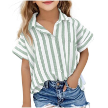 Children's Cotton-Linen Tops with Vertical Stripes and Lapel
