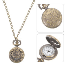 Pocket Watch Necklace Vintage Bronze Quartz Hollow Flower