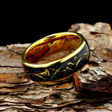Men's Tungsten Wedding Ring Black Meteorite Golden Leaf