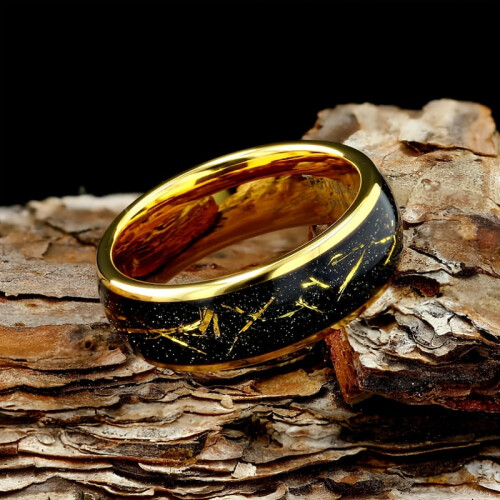 Men's Tungsten Wedding Ring Black Meteorite Golden Leaf
