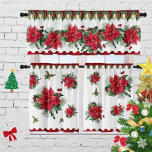 Ensemble de 3 rideaux de Noël à motif poinsettia rouge et vert