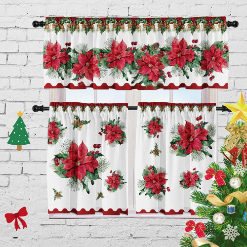 Σετ Χριστουγεννιάτικων Κουρτινών Poinsettia Κόκκινο Πράσινο 3 τεμαχίων