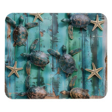 Blauwe houten muismat met zeeschildpadmotief, 21x25 cm, antislip