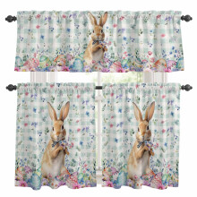 Ensemble rideaux et cantonnières de cuisine motif lapin de Pâques, bleu rustique