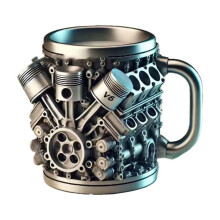 Roestvrijstalen koffiebeker met V8-motormotief en geïsoleerd handvat.