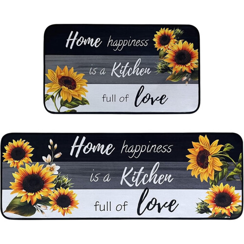 Sunflower Kitchen Rugs Set of 2 Black White Microfiber