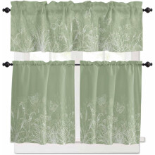 Ensemble de rideaux de cuisine à motifs floraux vert sauge avec cantonnière