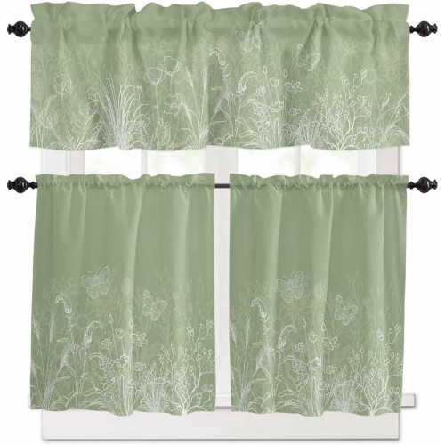Sage Green Floral Kitchen Curtains Set with Valance