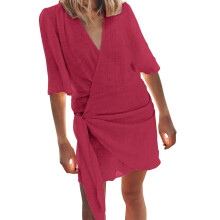 Damenkleid aus Baumwoll-Leinen-Mischgewebe mit V-Ausschnitt, einfarbig, Rot, Größe L