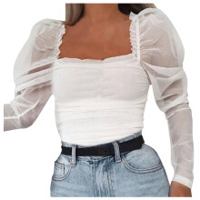 Chemisier blanc à manches transparentes et col carré pour femme, taille L