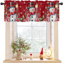 Cantonnière de Noël bonhomme de neige, poinsettias rouges, oiseaux, flocons de neige