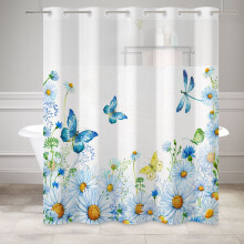Tenda da doccia blu con stampa floreale di margherite bianche e