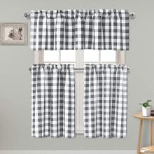Ensemble de rideaux de cuisine semi-transparents Hiasan, gris et blanc, 3 pièces