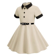 Abito da bambina a maniche lunghe tinta unita con vita bassa, beige, taglia S
