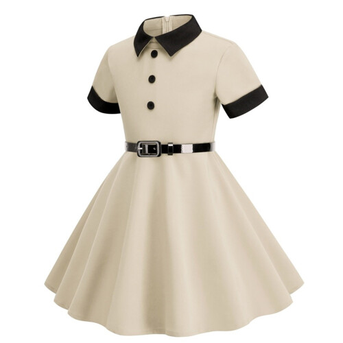 Mädchen Herbstkleid Beige S, einfarbig, langärmelig, tailliert, Größe