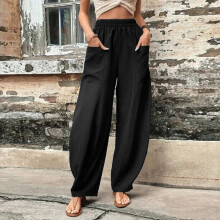 Lässige Damenhose in Unifarbe mit elastischem Bund und Taschen