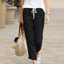 Pantaloni da donna larghi e casual in cotone e lino, neri, taglia XL