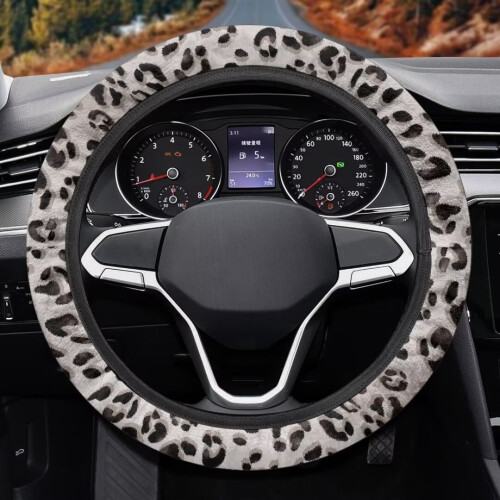 Leopard Print Furry Steering Wheel Cover Grey Elastic