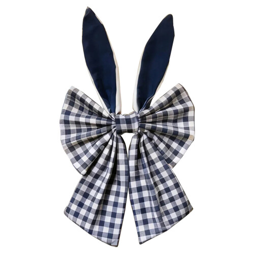 Easter Bunny Ears Wreath Bow Rustic Buffalo Plaid Navy