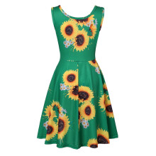 Ärmelloses Damenkleid mit Sonnenblumenmuster, A-Linie, Grün, XL