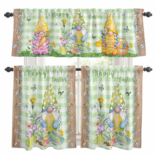 Easter Gnome Kitchen Curtains and Valance Set Pink Flowers