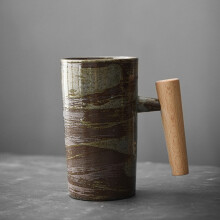 Mug à café en céramique artisanale, style rétro, avec anse en bois