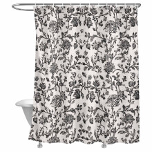 Zwarte douchegordijn met bloemen- en bladmotief en haken, 72x72 inch.