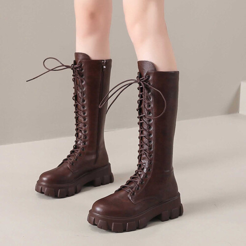 Women's Knee-High Gothic Lace-Up Boots Brown Size 7 1