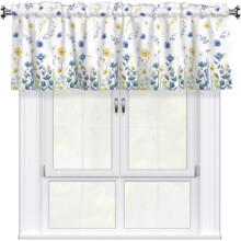 Cantonnière printanière botanique bleue et jaune, style champêtre, fleurs sauvages