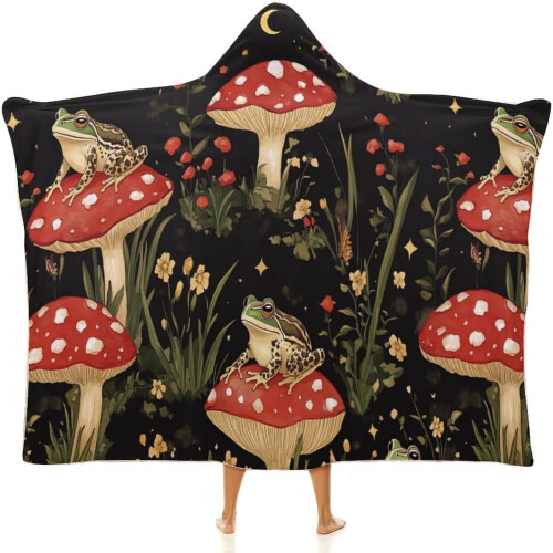 Couverture à capuche fleurie avec crapaud, grenouille, papillon et champignon