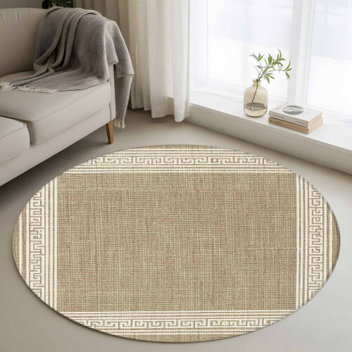 Tapis rond vintage marron clair 90 cm, motif Grèce