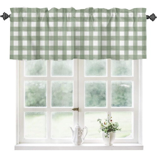 Kitchen Curtains Valances Sage Green Buffalo Plaid 1 Panel