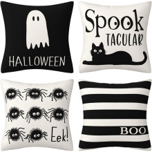 Set di 4 federe per cuscini "Boo" da 45x45 cm, stile rustico per Halloween.
