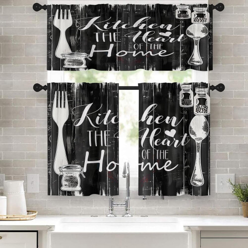 Set di 3 tende da cucina rustiche nere a strati e