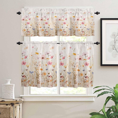 Spring Floral Kitchen Curtains Set with Valances 24 inch