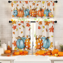 Ensemble de rideaux et cantonnières de cuisine d'automne, orange citrouille et bleu