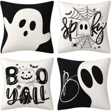 Set di 4 federe per cuscini Halloween Boo, 45x45 cm, in lino