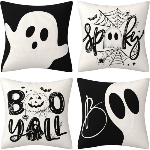 Set di 4 federe per cuscini Halloween Boo, 45x45 cm, in lino