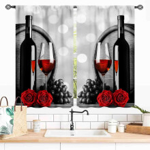 Rideaux de cuisine rouge vin, motif floral rustique rose, 2 panneaux