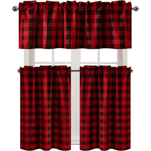 Semi Sheer Kitchen Curtains Set Buffalo Plaid Black Red 3 1