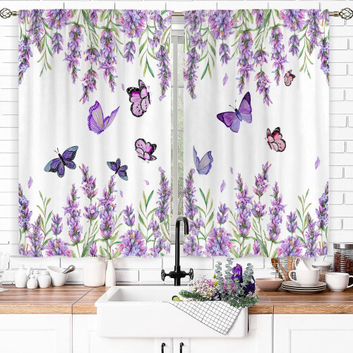 Lavender Butterfly Linen Kitchen Curtains Rod Pocket 2 1