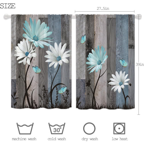 Teal Daisy Floral Kitchen Curtains Rustic Brown Wooden 2 2