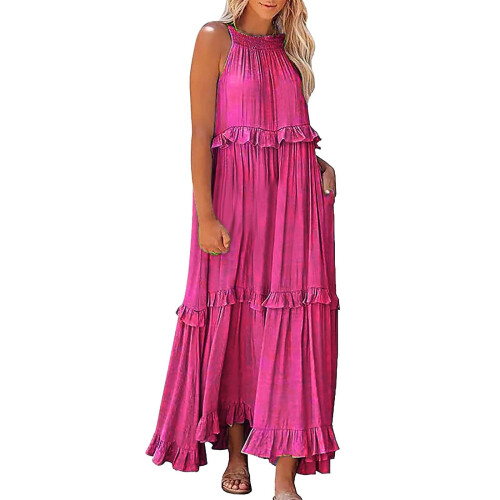 Boho-Maxikleid für Damen, einfarbig, ärmellos, mit Rüschenausschnitt