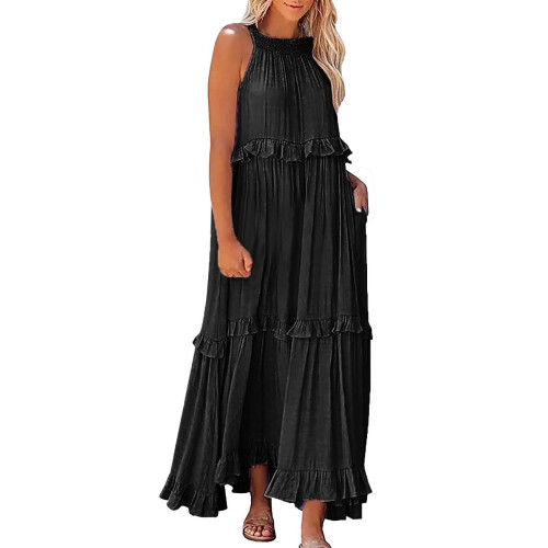 Abito lungo boho da donna, tinta unita nera, taglia L