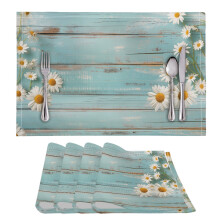Tovagliette da pranzo con motivo margherite, azzurre, effetto legno, 4 pezzi, 30 x 45 cm.