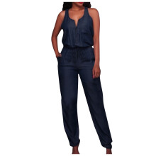 Casual off-shoulder denim jumpsuit voor dames, marineblauw, maat XXL