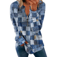 Chemise à carreaux en jean bleu à manches courtes pour femme, taille XL